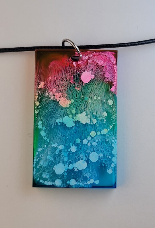 Handmade Green, Teal, Blue, and Pink Rectangle Pendant Necklace or Keychain